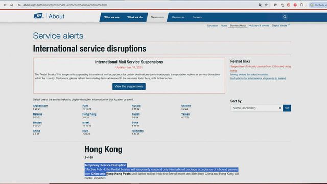 美國郵政宣布周二起暫停接收從中國內地及香港寄出包裹 信件不受影響