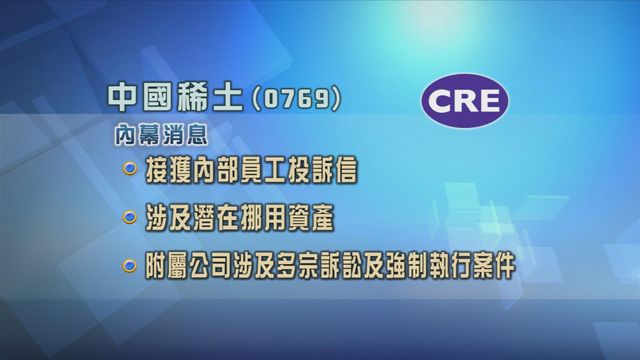 中國稀土附屬公司疑涉潛在挪用資產　將繼續停牌直至另行通知