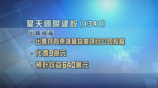 昊天國際建設出售柬埔寨物業項目　套現五千萬元