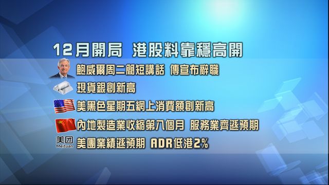 早市戰報|12月開局 港股料靠穩高開【是日焦點‧一圖看清】 早市戰報|12月開局 港股料靠穩高開【是日焦點‧一圖看清】