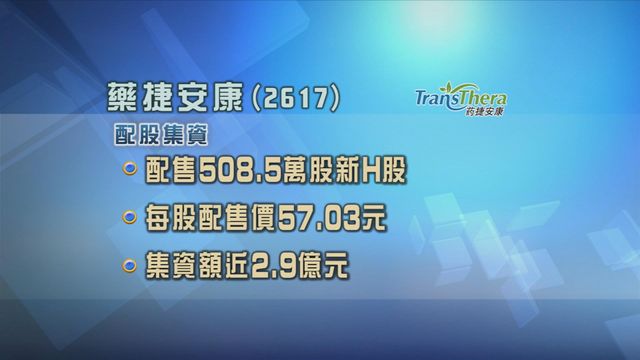 藥捷安康配股集資近2.9億元