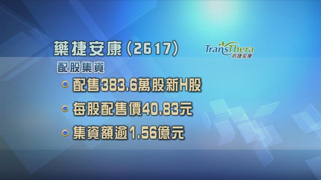 藥捷安康配股集資超過1.5億元